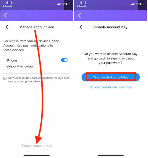 Отключить ключ учетной записи в почтовом приложении Yahoo для iPhone